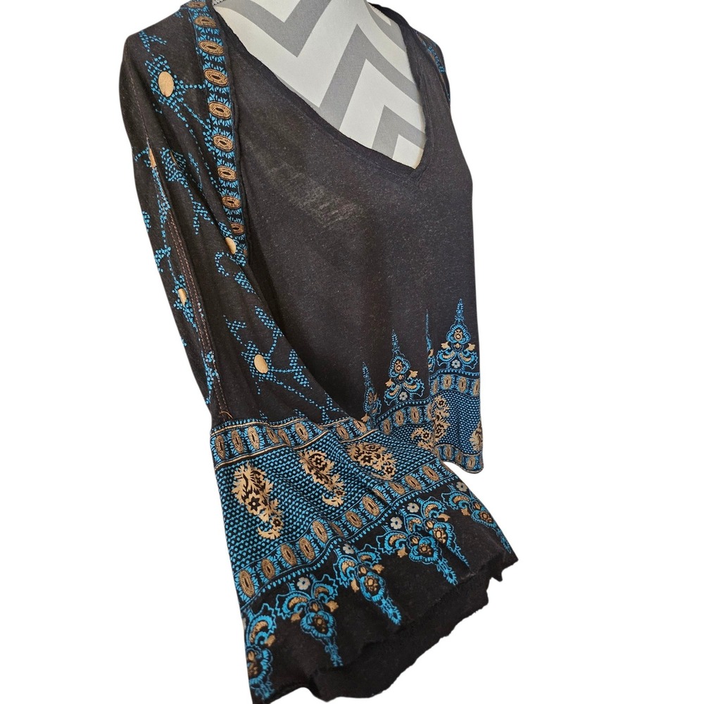 Free People Womens Boho Paisley Border Print V-Neck Linen Blend Top Black Medium
